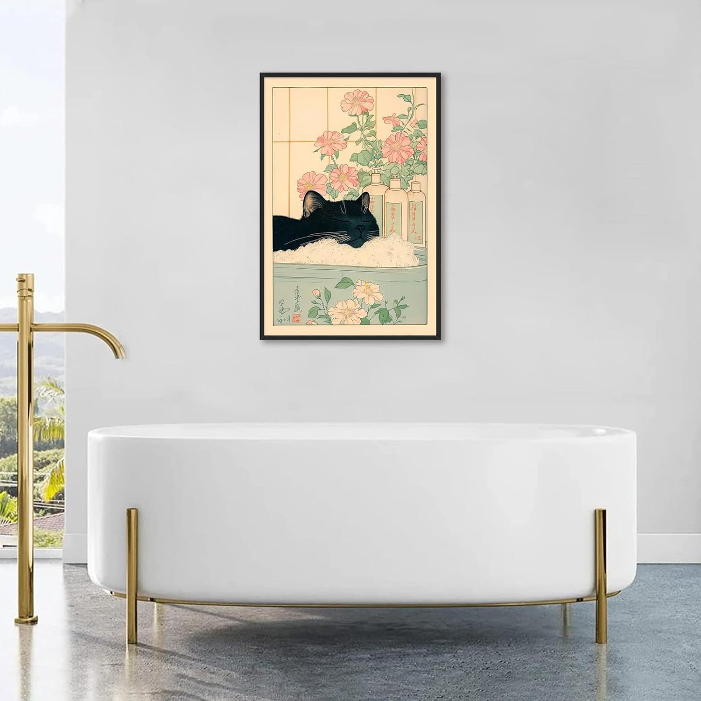 Vintage Black Cat in The Bathtub Posters Funny Bathroom Wall Art Cute Animal Lover Canvas Prints Japanese Aesthetic Neutral Minimalist Wall Decor for Restroom Toilet 12x16in Framed