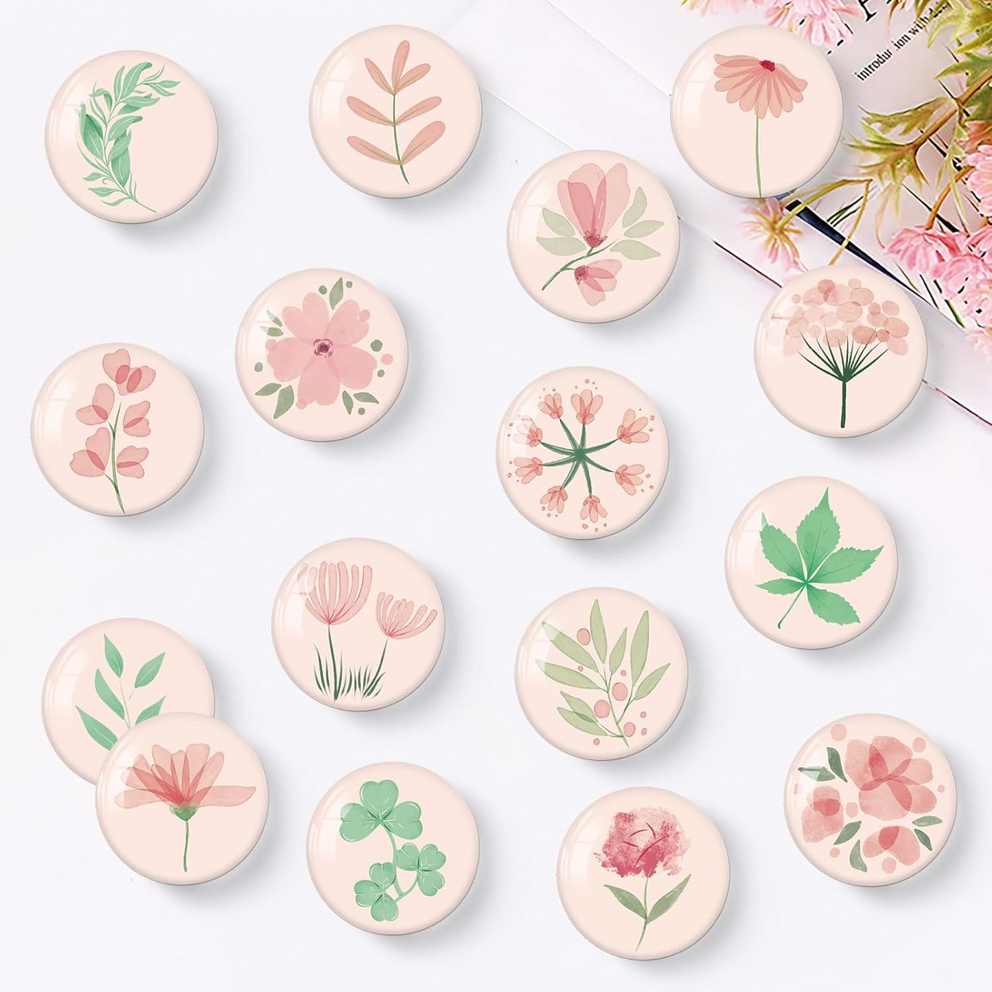 MORCART 16PCS Pink Plant Magnets for Fridge Refrigerator Cute Magnets Decoration for Locker Whiteboard Magnetic Board Cabinets Classroom Office Cubicle School