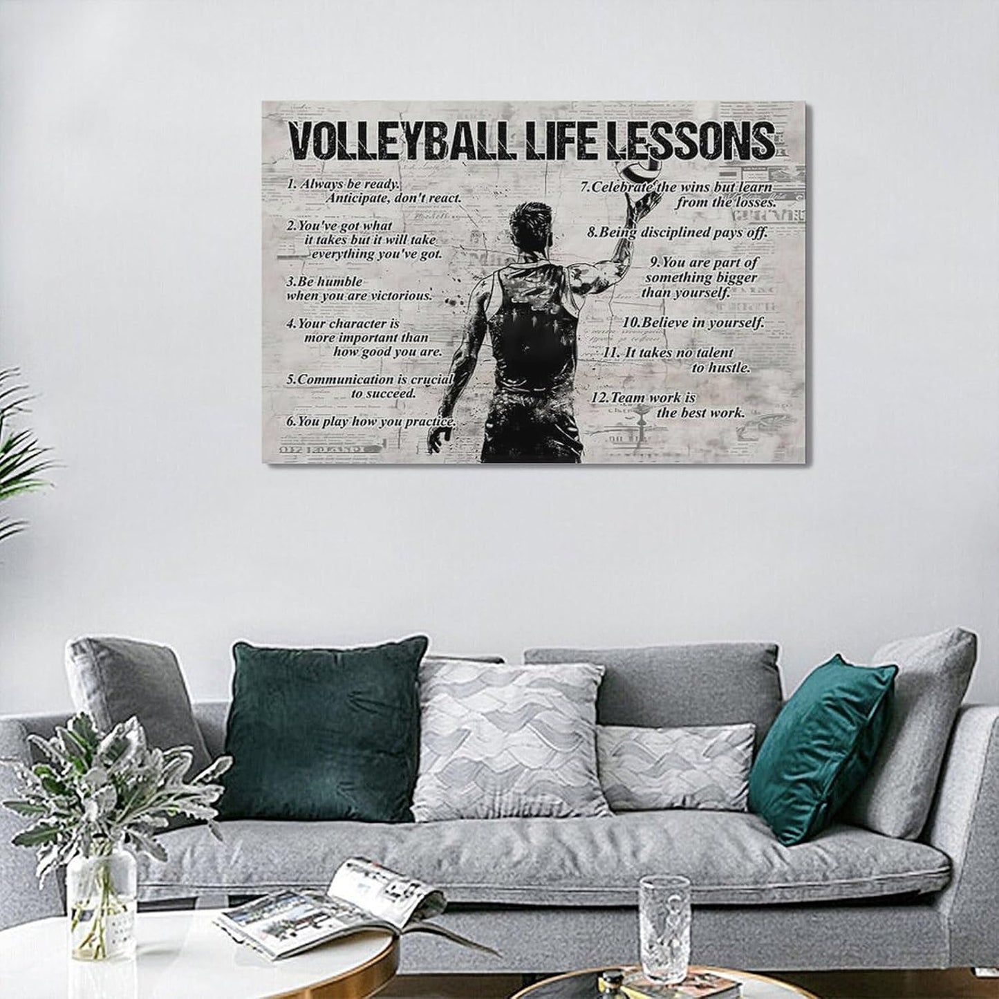 Volleyball Sports Wall Art Volleyball Life Lessons Wall Decor Volleyball Sign Retro Poster Boy Men Room Motivational Decorations Canvas Print Painting Artwork for Bedroom Bathroom Living Room 24"x16"