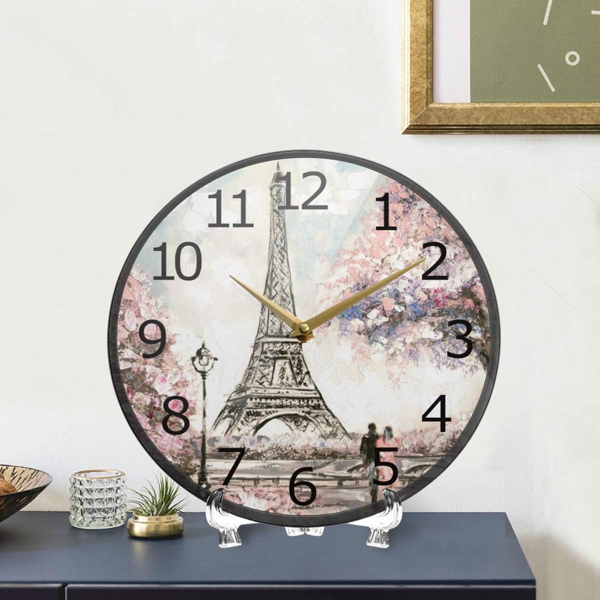 ALAZA Street Cherry Blossom Paris Eiffel Non-Ticking Round Wall Clock, 9.5 Inch Battery Operated Quiet Desk Clock Bedroom Living Dorm Room School Decor