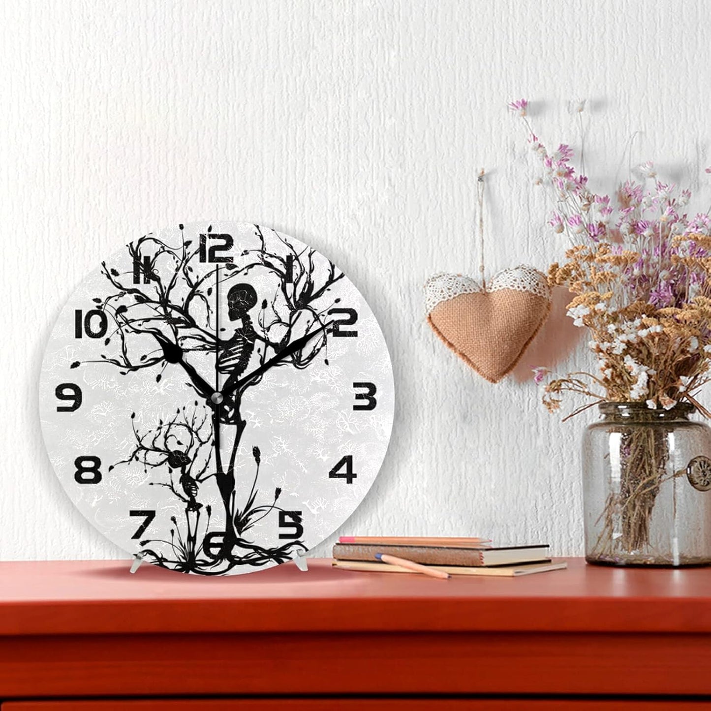 Skull Skeleton Tree Wall Clock Silent Non-Ticking,Halloween Gothic 9.5 Inch Round Wall Clock Battery Operated Clock Decor for Home Wall Bathroom Kitchen Bedroom Living Room Office Classroom Patio