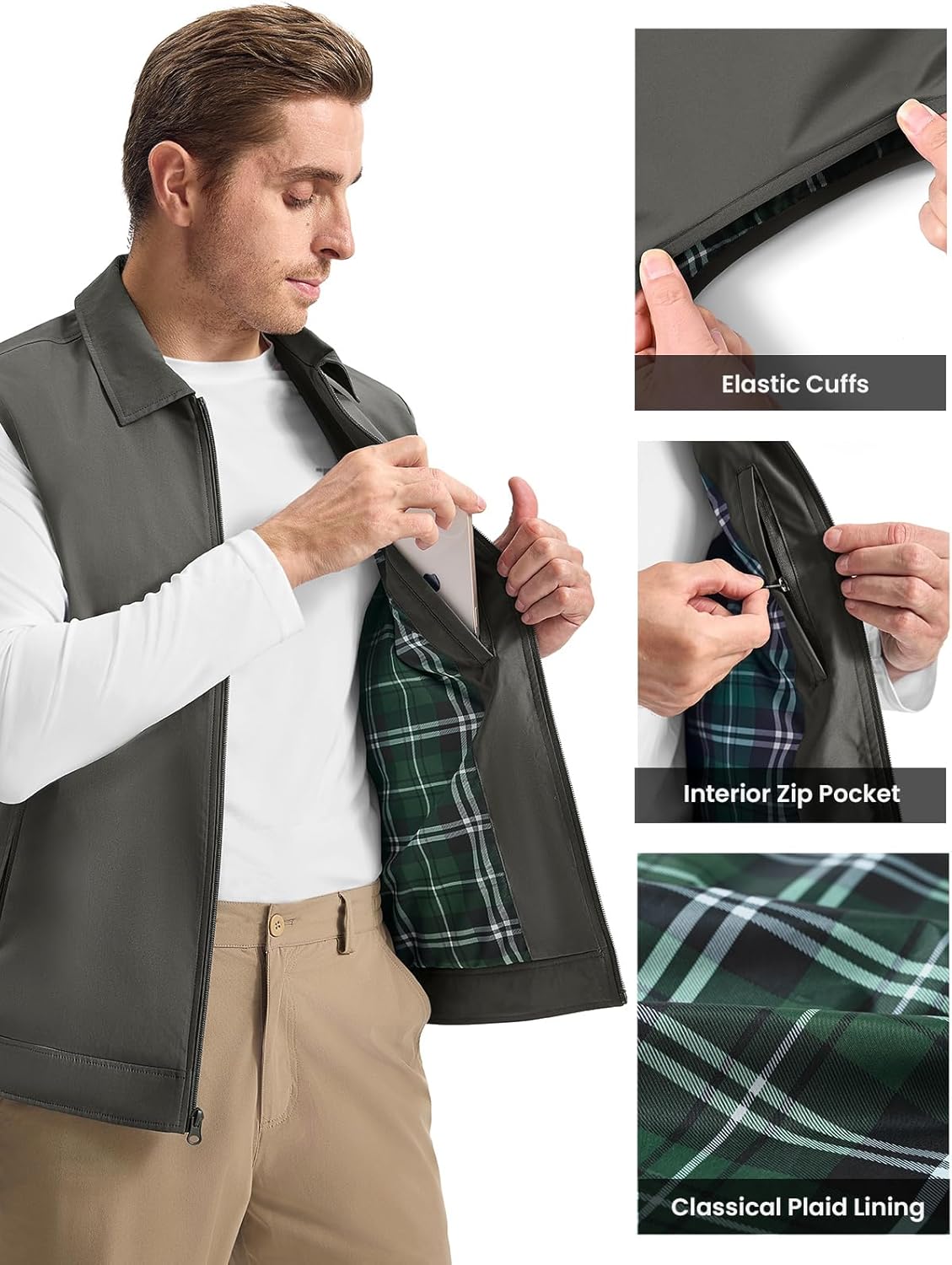 Rdruko Men's Golf Vest Lightweight Outerwear Windproof Water Resistant Grid Lining Vest with Zipper Pockets for Casual