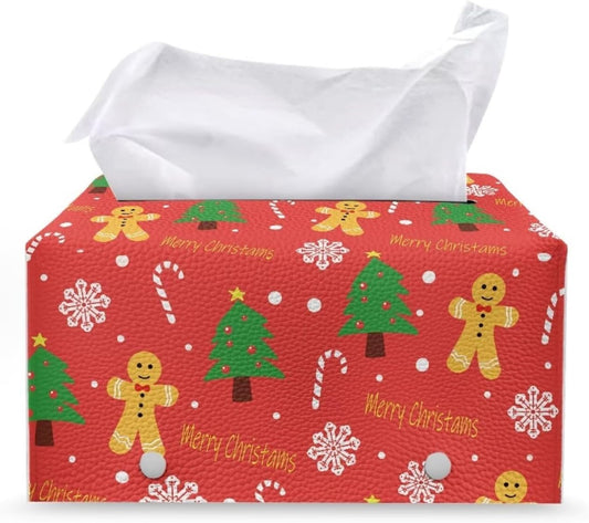 Christmas Tissue Box Cover Rectangle Cute Bear Tissue Box Cover Snowflake Print PU Leather Tissue Box Holder Easy to Clean for Car Bedroom Office