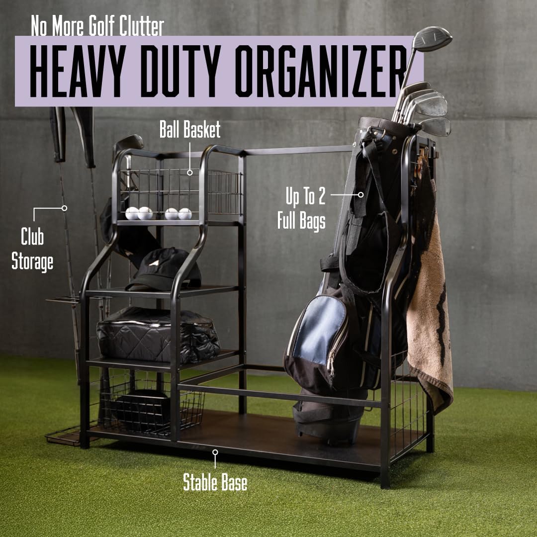 Golf Club Storage Rack with Shelves & Holders | Heavy-Duty Golf Bag Stand for 2 Bags | Golf Accessory Organizer for Garage, Home or Sports Room | Golf Bag Organizer by Lunai