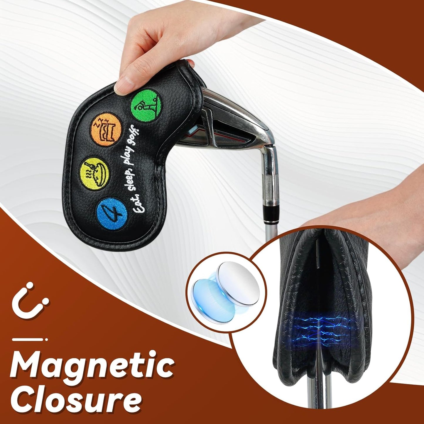 Craftsman Golf 10pcs Funny Eat Sleep Golf Magnetic Closure Classic Black Synthetic Leather Iron Headcover Covers Set Travel Cases Protector