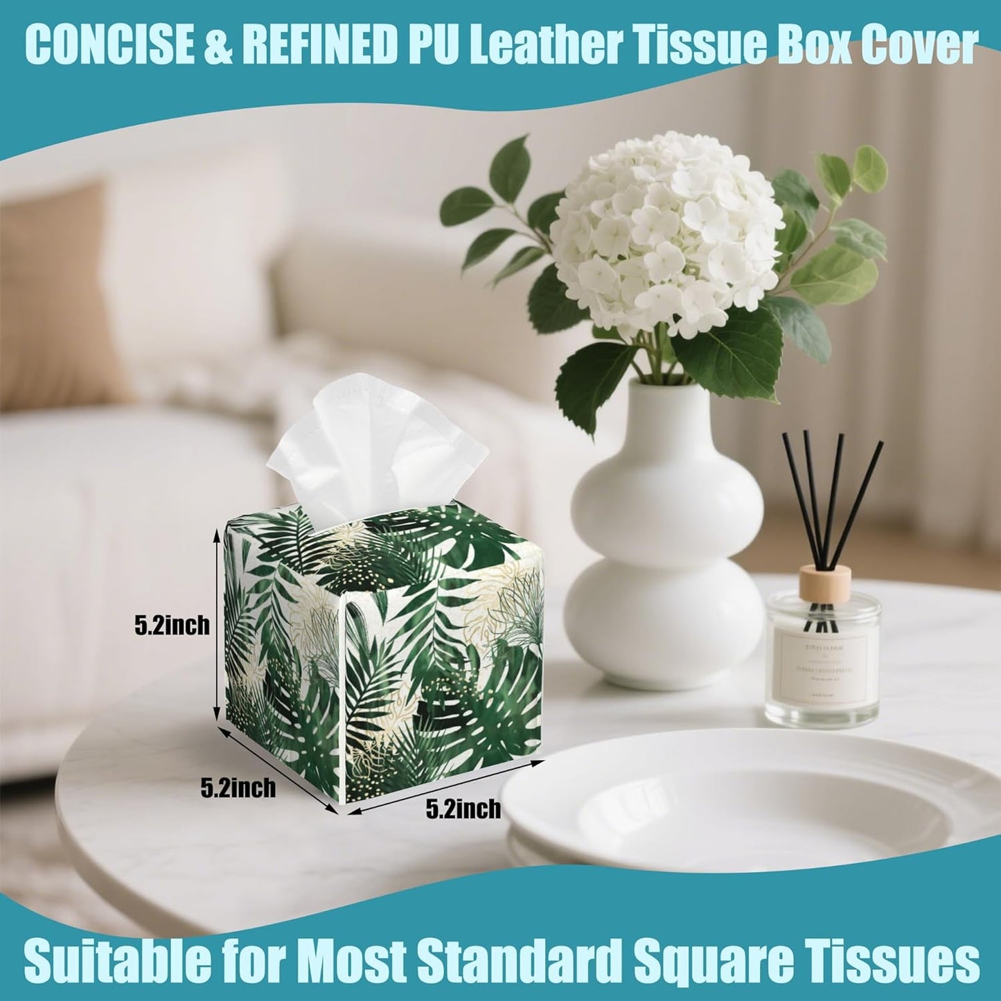 Exotic Palm Leaves Tissue Box Cover,Tissue Box Holder Square with Bottom Belt,Waterproof Leather Organizer Portable Decorative Facial Paper for Bedroom Night Stand Office Desk,5.2" x 5.2" x 5.2"