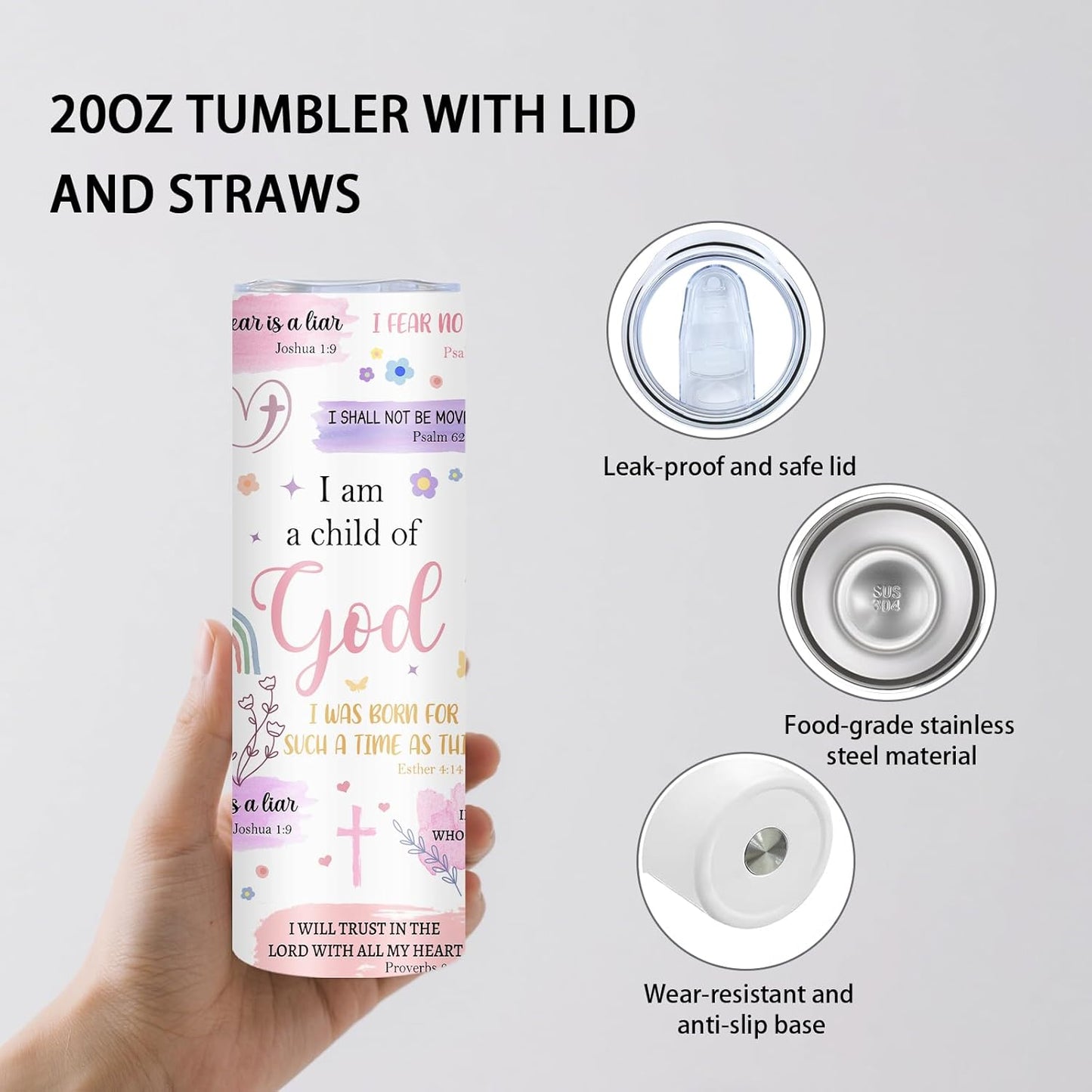 Christian Gifts for Women Tumbler 20oz I Am a Child of God Cup Tumbler, Inspirational Religious Birthday Catholic Spiritual Baptism Confirmation Gifts, Christian Coffee Mugs, Bible Gift for Women