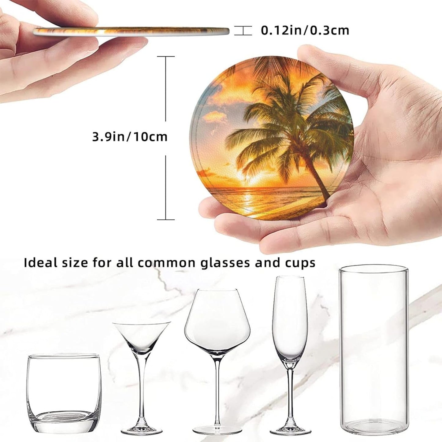 Sunset Palm Tree Tropical Beach Coasters for Drinks Round Leather Coaster with Holder Set of 6 for Tabletop Protection Desk Accessories Office Home Room Decor
