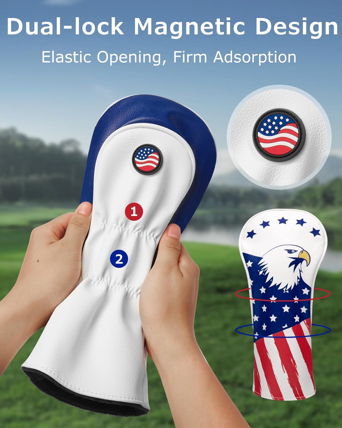 Golf Head Covers, 3 Pack Golf Club Head Covers USA Stars and Stripes, Velour Lined for Extra Club Protection, Designed to Fit All Woods and Drivers Velour Lined