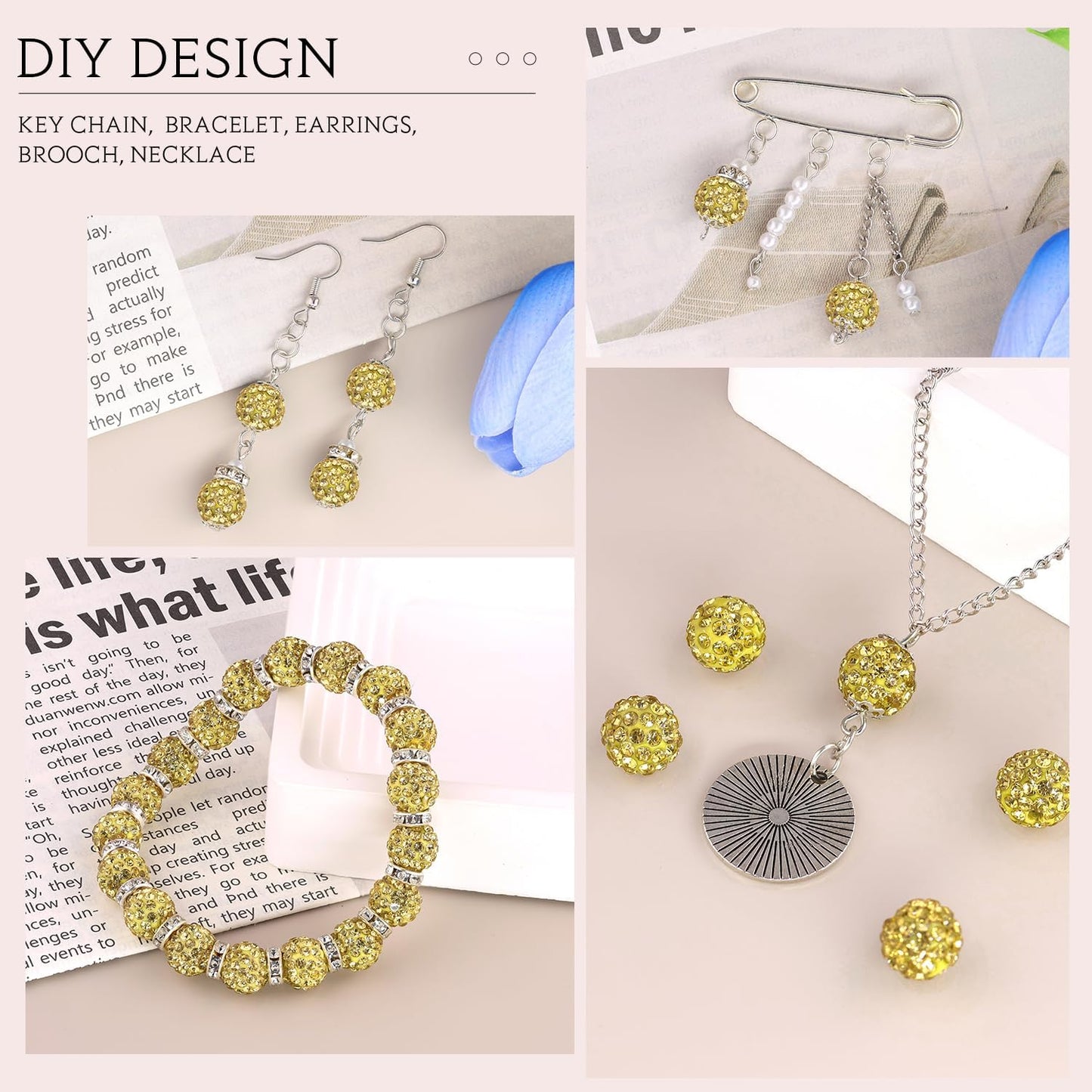 150pcs 10mm Rhinestone Beads for Jewelry Making, Light Yellow Shiny Round Shamballa Disco Beads Bulk, Sparkle Crystal Clay Christmas for Bracelet Baseball Necklace Earring Crafting and DIY