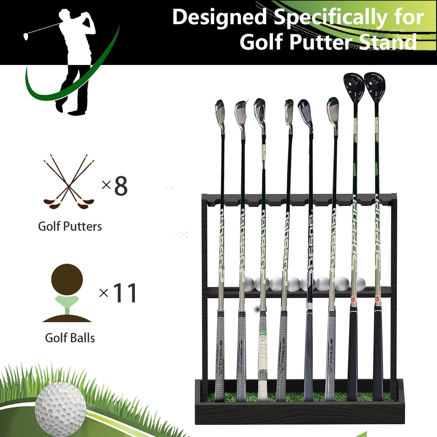 Golf Club Holder Stand,Wooden Golf Club Rack -Indoor Display Rack,Golf Club Organizer for 8 Clubs and 11 Balls Storage,Golf Rack for Storage Sports Outdoors Wall Garage