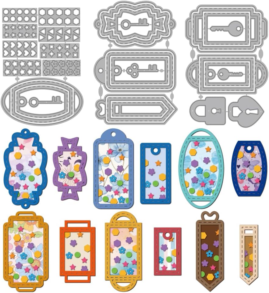 MAYJOYDIY Keychains Shakers Labels Cutting Dies Keys Locks Metal Die Cuts Template Various Geometric Figures Embossing Carbon Steel Stencils for Card Making DIY Scrapbooking Album Gift Decoration