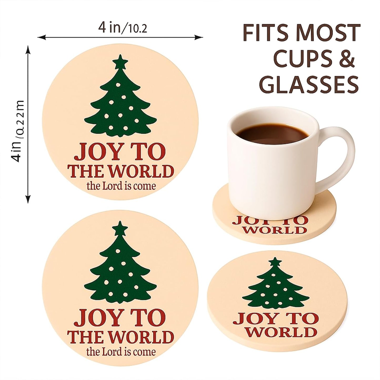 Joy to The World Christmas Coasters Set of 4, Christian Religious Ceramic Drink Coasters with Absorbent Stone & Cork Backing – Holiday Xmas Table Decor, Faith Gifts for Coffee Tea Wine, Housewarming