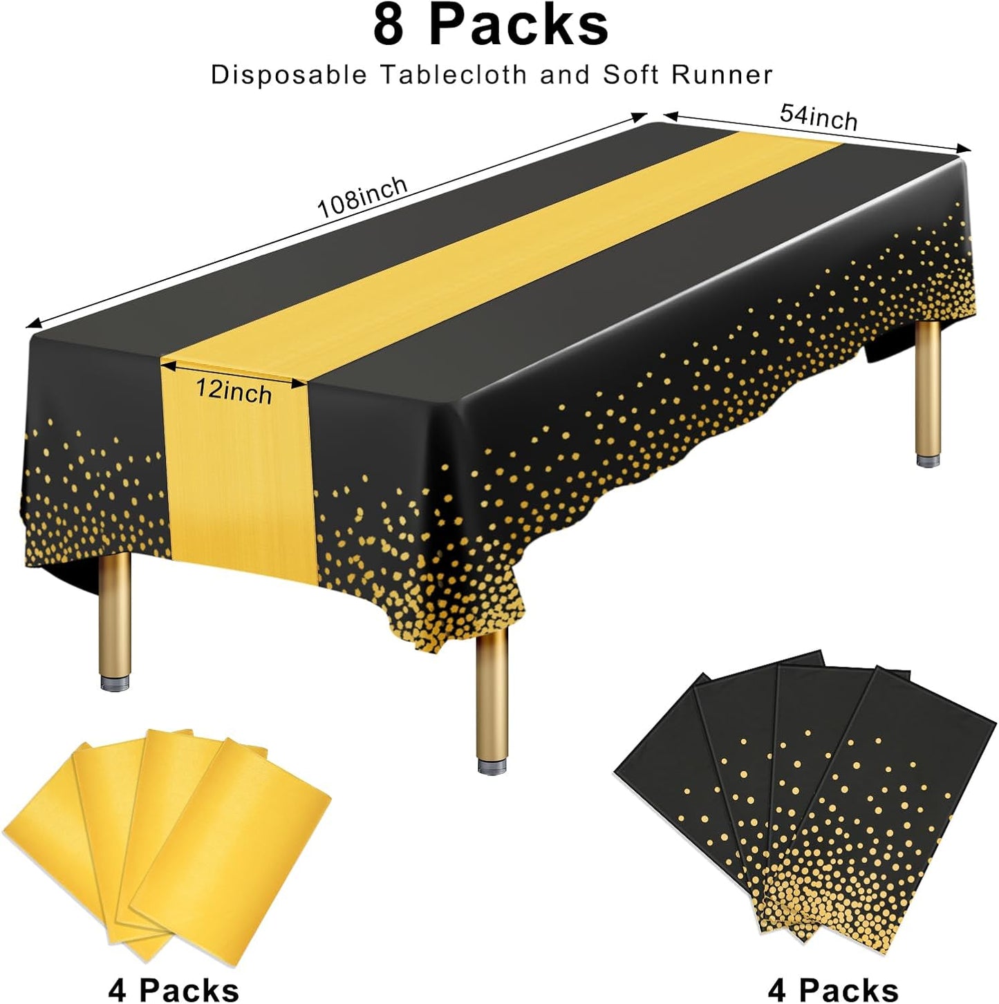 8 Packs Disposable Rectangle Tablecloth and Satin Table Runner, Black and Gold Plastic Table Cloths for Parties Table Cover for Baby Shower Birthday Wedding Anniversary Holiday Party Decorations