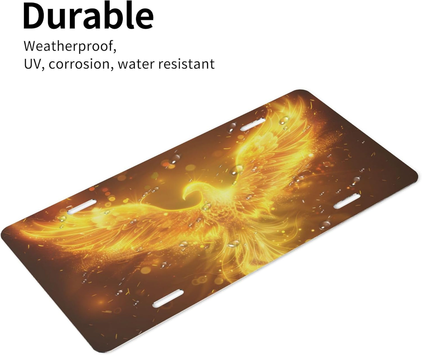 Golden Animal Bird Phoenix Front License Plate for Car Designs Stainless License Plate Cover Holder for Men Women Metal Aluminum Decorative Accessory Vanity Tag Standard 6 X 12 Inch (4 Holes)