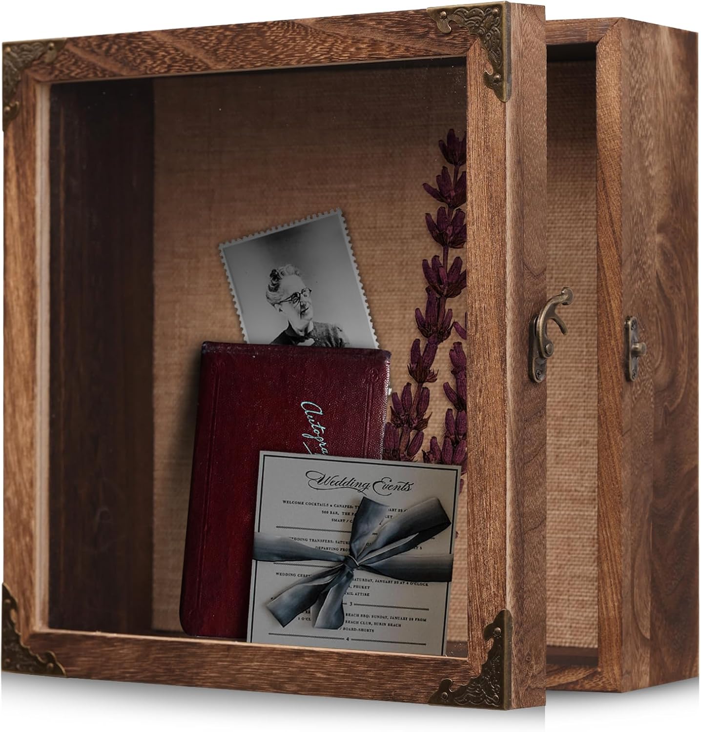 11x11 Deep Shadow Box Frame, 4.5" Depth – Burnt Wood Display Case with Acrylic Door, Vintage Metal Corners. Holds Medals, Photos, Coins, Awards, Wedding & Military Keepsakes