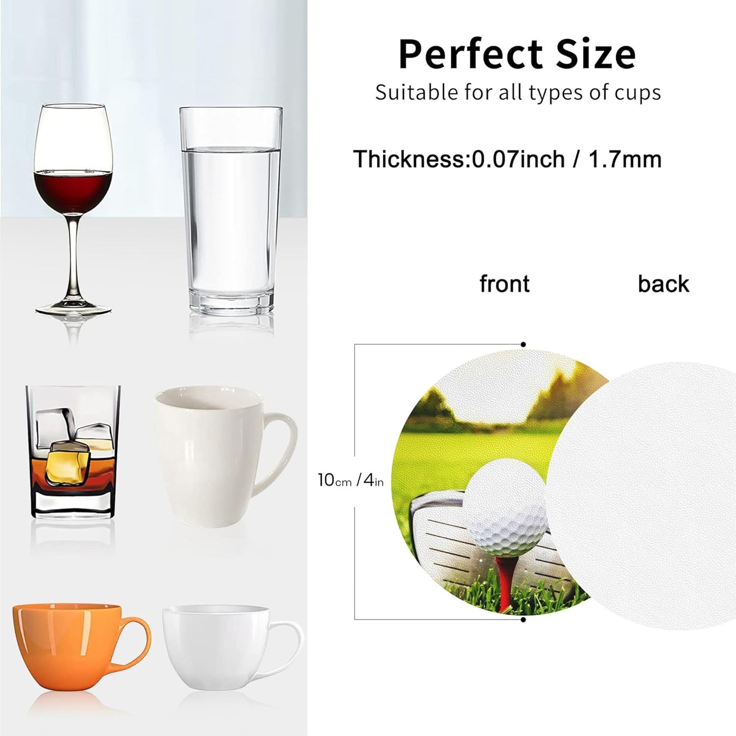 Coasters for Drinks Set of 6, Golf Ball Sports Drink Coasters for Coffee Table, Table Cup Mat Leather Desk Coaster for Drinks, Bar Coasters for Office Home Decor