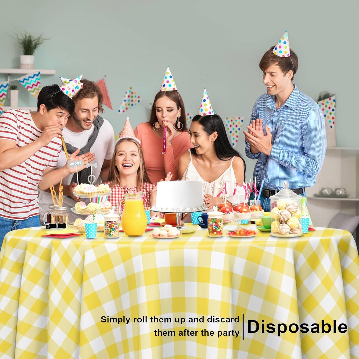 6 Pack Yellow and White Checkered Tablecloth, Round Yellow Gingham Plastic Table Cloths for Parties Disposable, 84x84 in Waterproof Camping Tablecloth for Birthday Party Baby Shower Picnic School
