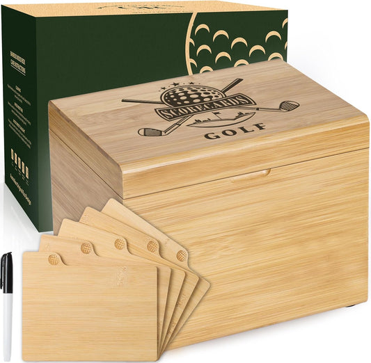 Golf Storage Box Golf Gifts - Golf Scorecard Collection Box with 5 Wooden Dividers - Golf Organizer for Scorecards, Photos, Keepsakes; Fathers Day Dad Gifts for Men from Wife (Yellow)