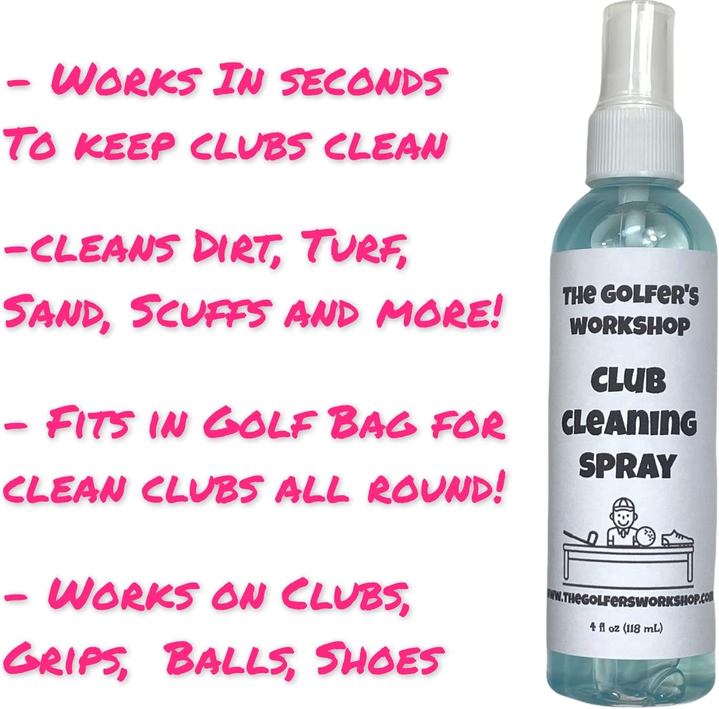 The Golfer's Workshop Club Cleaning Kit - 4oz Spray, Golf Club Brush with Groove Cleaner, 2ft Retractable Zip-line, Carabiner Clip (Pink)