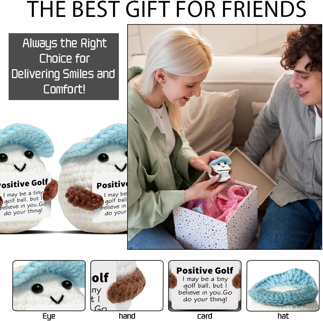 Positive Crochet Doll Golf Gifts for Men Dad Fathers Coach Mini Crochet Golf with Positive Card Father's Day Christmas Birthday Gifts Men Golfers Funny Home Office Desk Decor