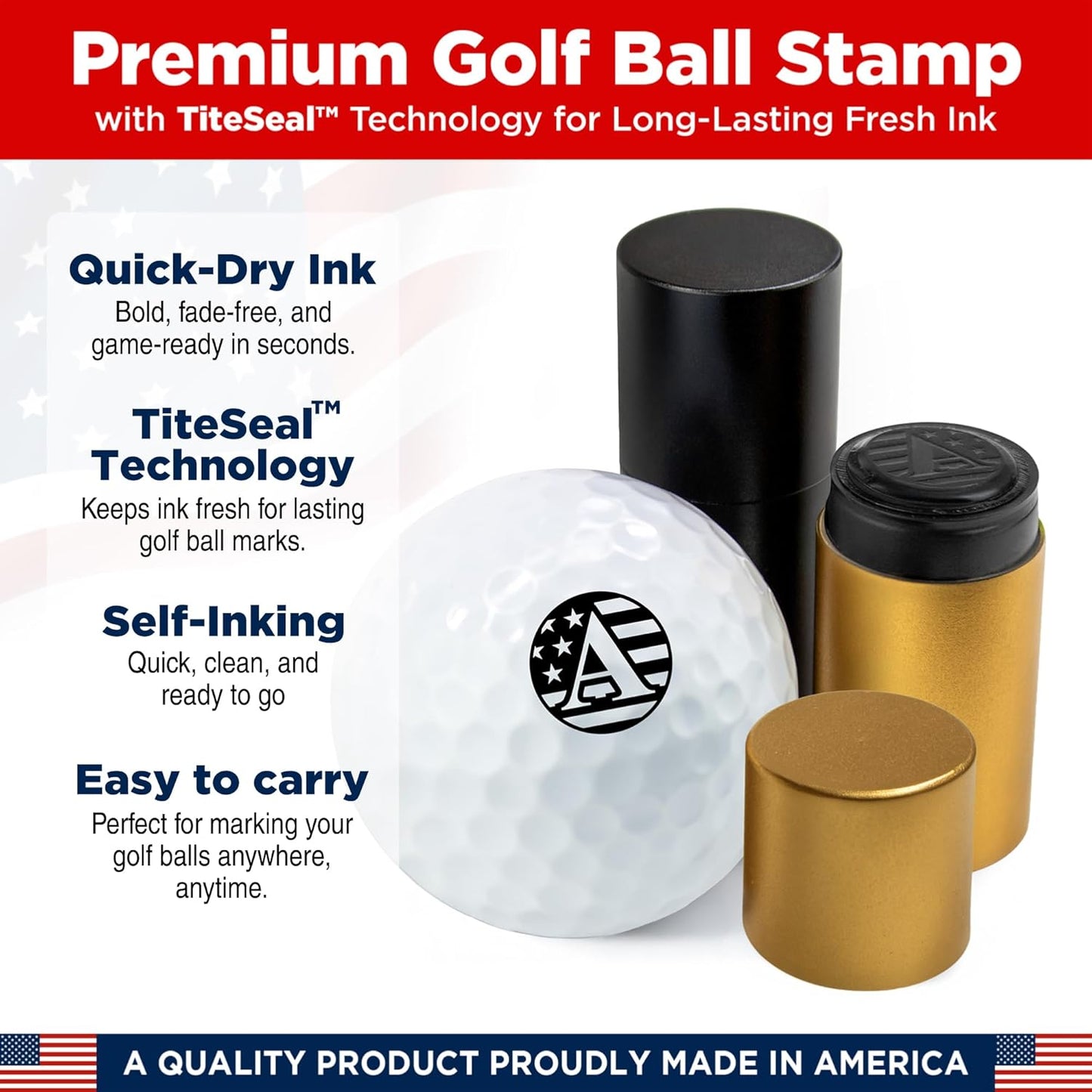 Personalized Golf Ball Marker with TiteSeal™ Technology - Black Case - Metallic Box with Golf Ball Stamp + Refill Ink Bottle Bundle