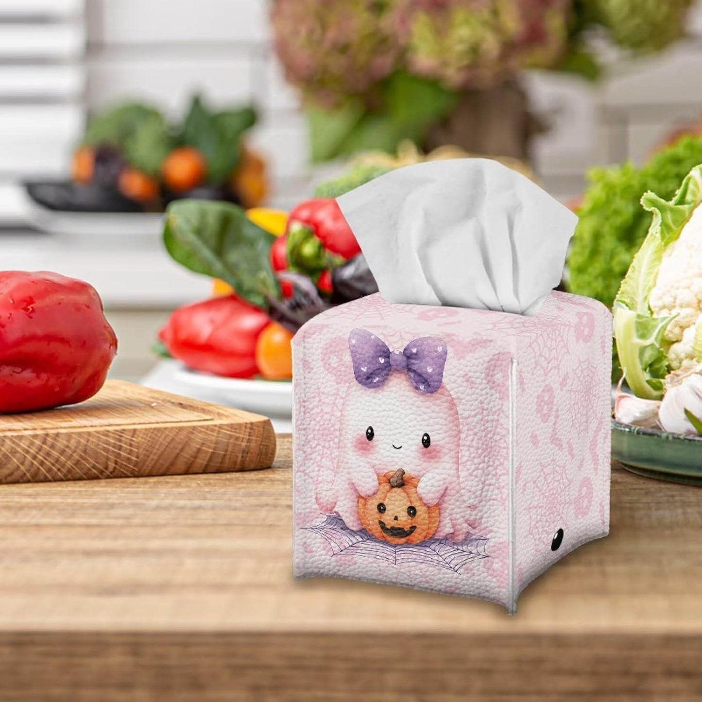 Cute Ghost Tissue Box Cover Halloween Tissue Box Holder 5x5x5 Facial Paper Organizer Halloween Home Accessories for Desk Bathroom Countertop Vanity