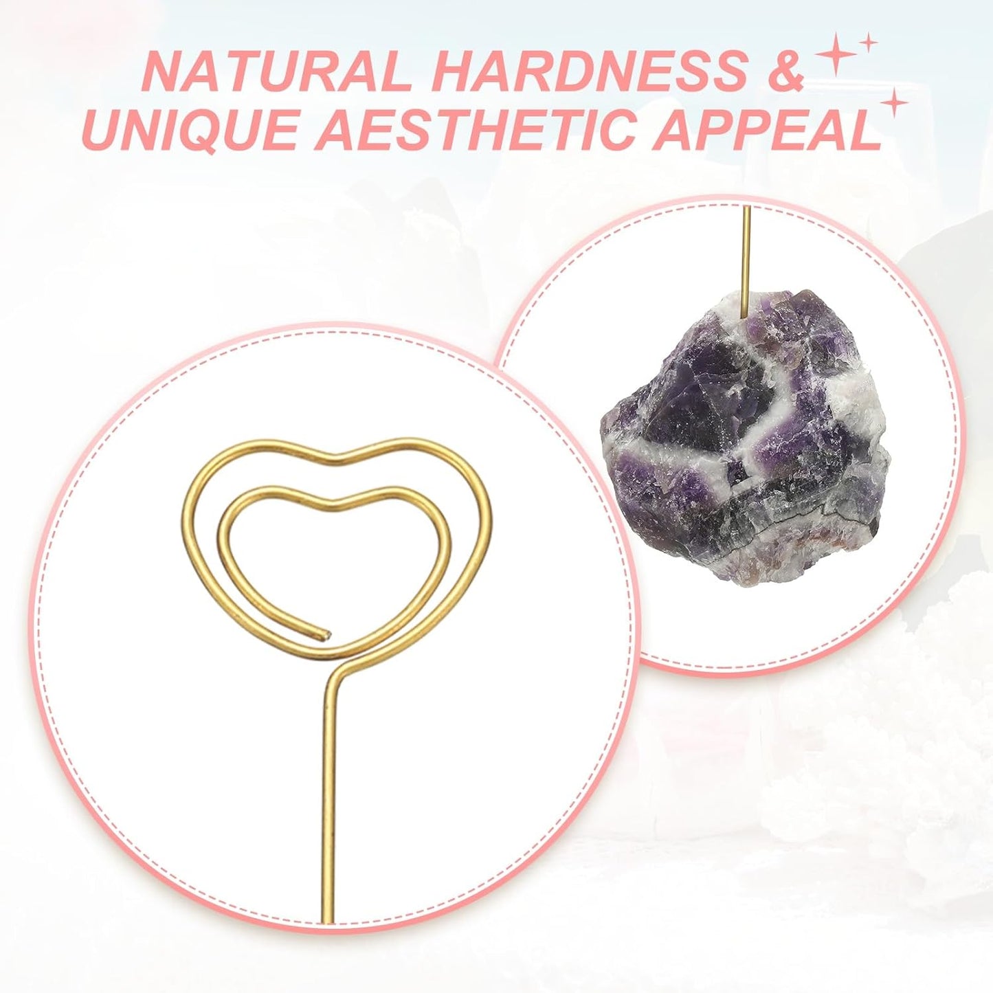 PATIKIL Table Number Holder, 1Pcs Photo Clip Holders Crystal Stone Quartz Desk Card Holder Raw Heart Shape Iron Memo Note Photo Stand for Wedding Party Home Office Decor, Purple