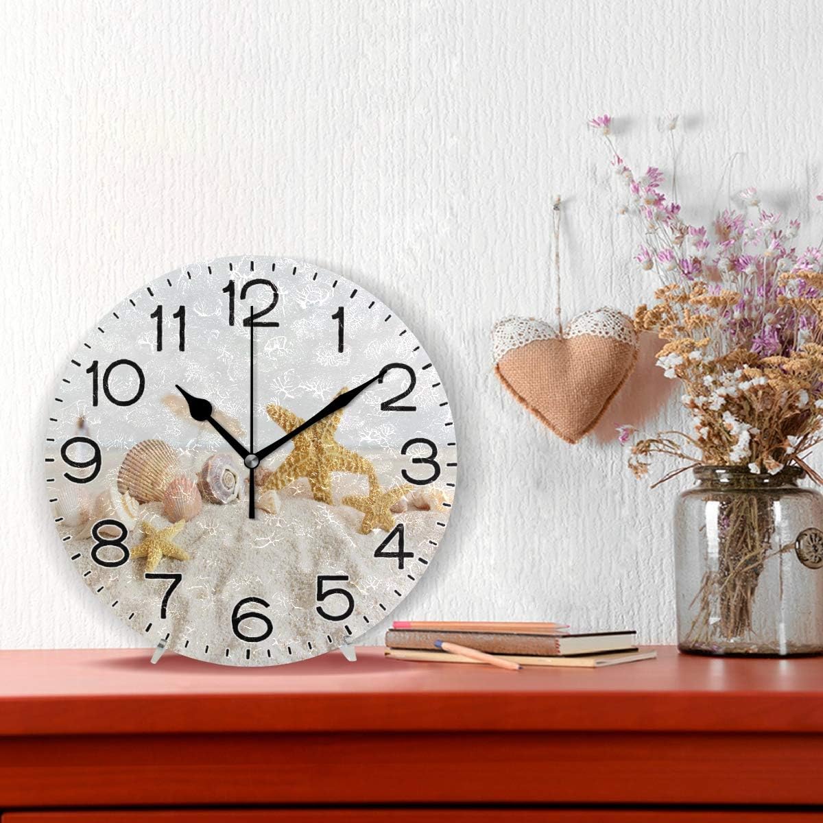 Starfish and Seashells in The Sand at Beach Wall Clock Battery Operated Non Ticking Silent Quartz Analog Rustic Farmhouse Round Clock Retro Decor for Home Kitchen Livin