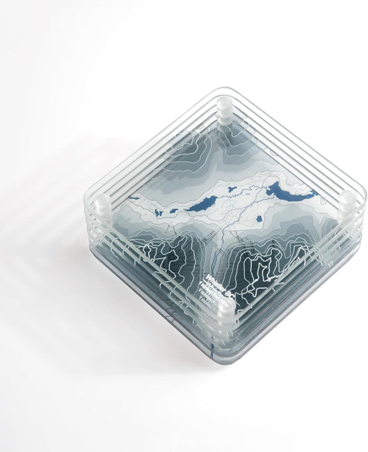 Whistler, BC 3D Contour Map Glass Drink Coasters of Mountains, Ski Resort, Set of 6 with Holder, Housewarming Birthday Gifts, Home Decor