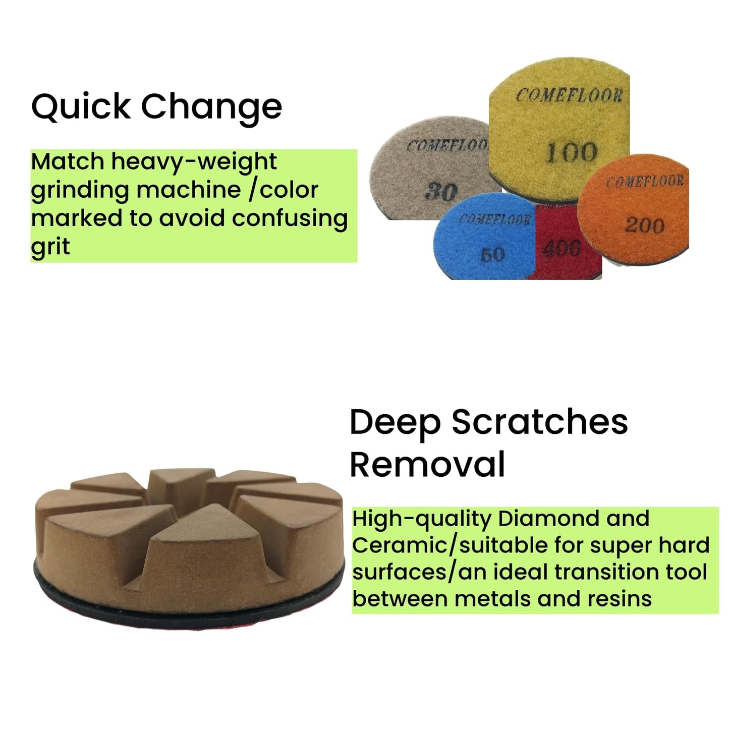 Hybrid Diamond Ceramic Polishing Pucks, Aggressive Concrete Terrazzo Floor Hook n Loop Grinding Pads, 3 Inch Long Using Life Transitional Discs,200# 9PCS