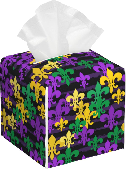 Tissue Box Cover Holder, Mardi Gras Carnival PU Leather Square Tissue Box Cover Decorative Organizer for Bathroom Kitchen Bedroom Vanity Countertop Night Stands