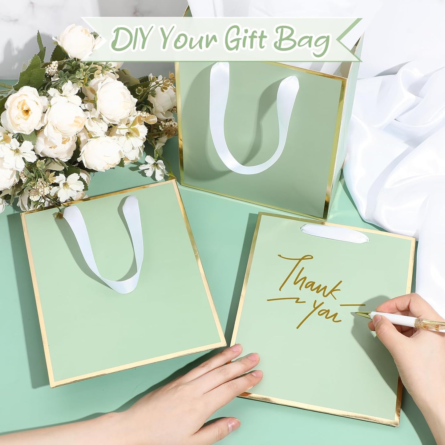 Yeaqee 24 Pack Metallic Paper Gift Bags with Handle and Tissue 9x7x3.1 Gold Foil Welcome Favor Bags Return Gifts for Wedding Fall 5 Senses Christmas Bridesmaid Birthday(Sage Green, Gold)