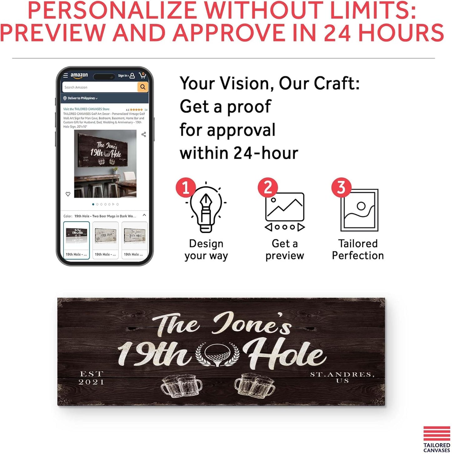 TAILORED CANVASES Golf Art Decor - Personalized Vintage Golf Wall Art Sign for Man Cave, Bedroom, Basement, Home Bar and Custom Gift for Husband, Dad, Wedding & Anniversary - 19th Hole Sign, 48"x16"