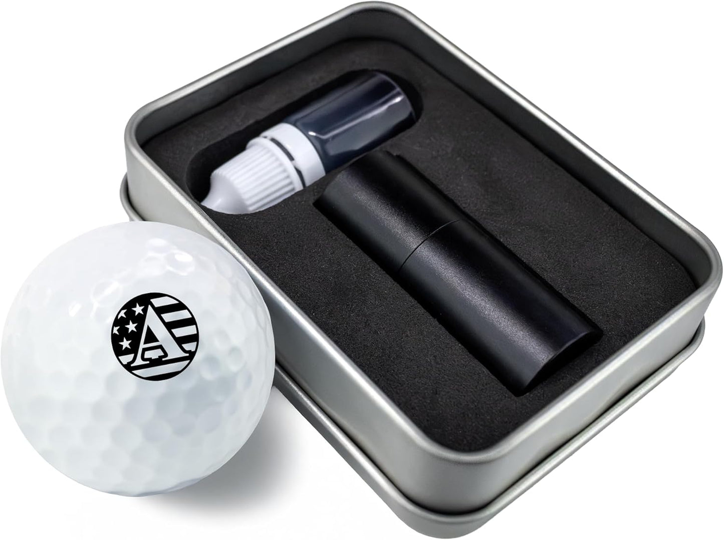 Personalized Golf Ball Marker with TiteSeal™ Technology - Black Case - Metallic Box with Golf Ball Stamp + Refill Ink Bottle Bundle