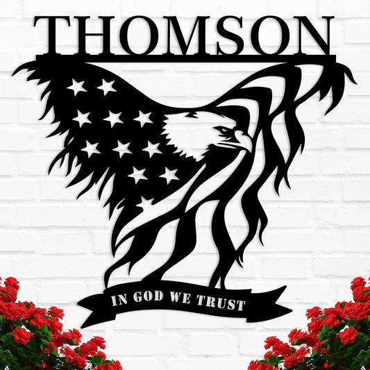 Personalized American Eagle with Flag Personalized Metal Name Sign Custom Metal Eagle and Flag Sign Patriotic Door Hanger