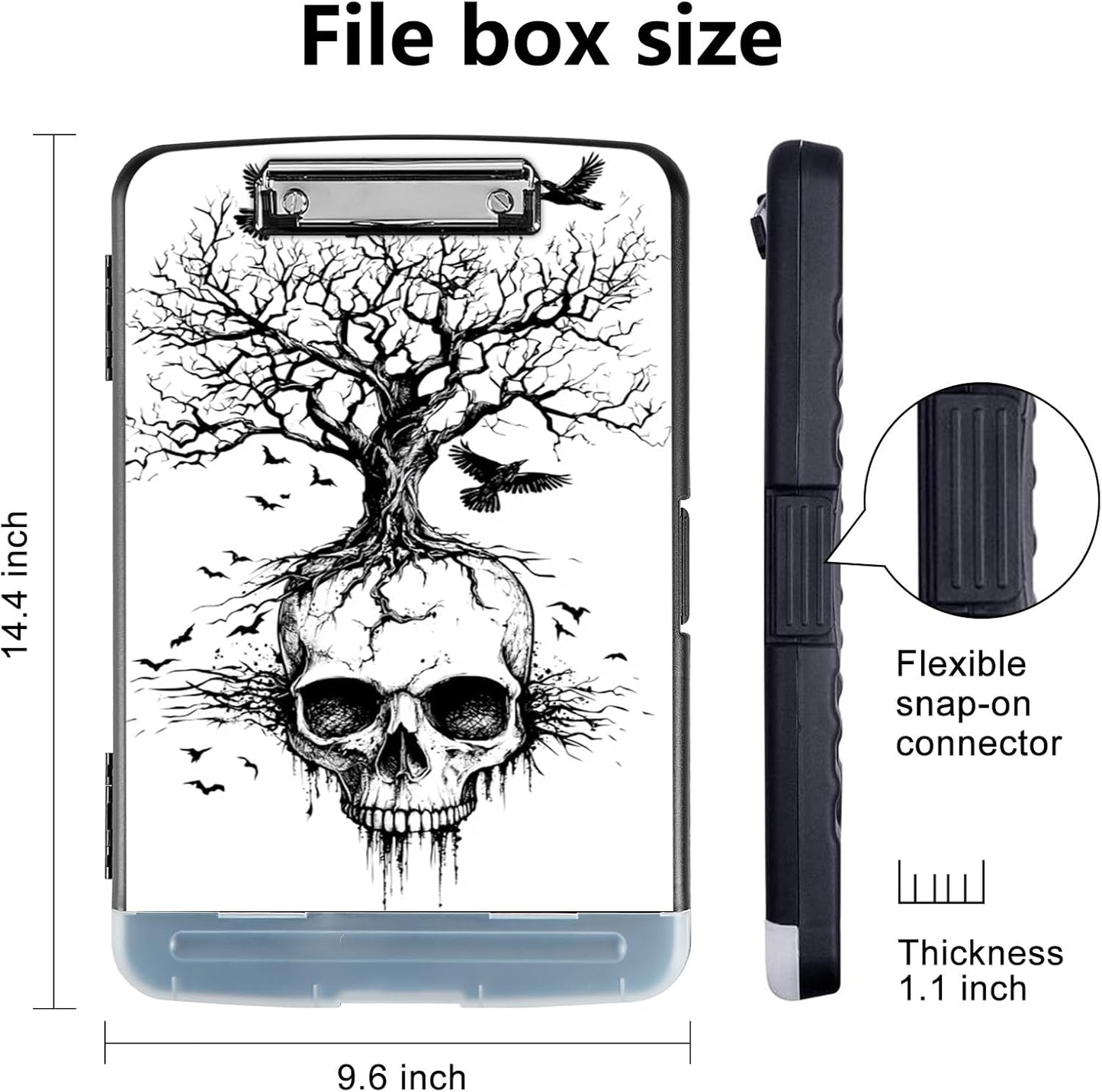 Clipboard with Storage - Large Capacity,Nursing Clipboard with Pen Holder,Heavy Duty,Plastic Side-Opening Folder for Teacher,Nurse - Crow Skull