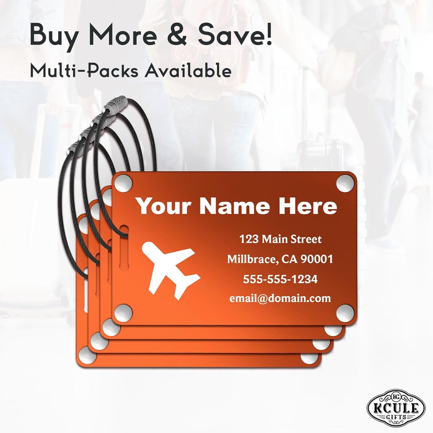 Personalized Luggage Tags: Custom Metal Luggage Tags for Suitcases, Backpacks and Bags with Your Personalized Text (Orange)