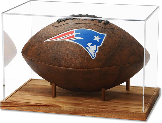JupDec Football Display Case Full Size, Acrylic Clear Box with Wood Stand, UV Protected Memorabilia Holder, for Football Fans & Collectors, Sports Collectibles, No Assembly Required