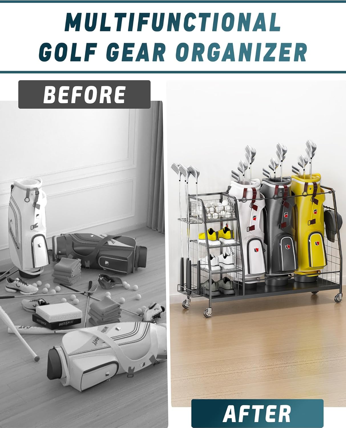 Golf Bag Organizer for Garage - 3 Golf Bag Storage Rack with Lockable Wheels - Golf Equipment Stand - Golf Clubs Bags Accessories Holder