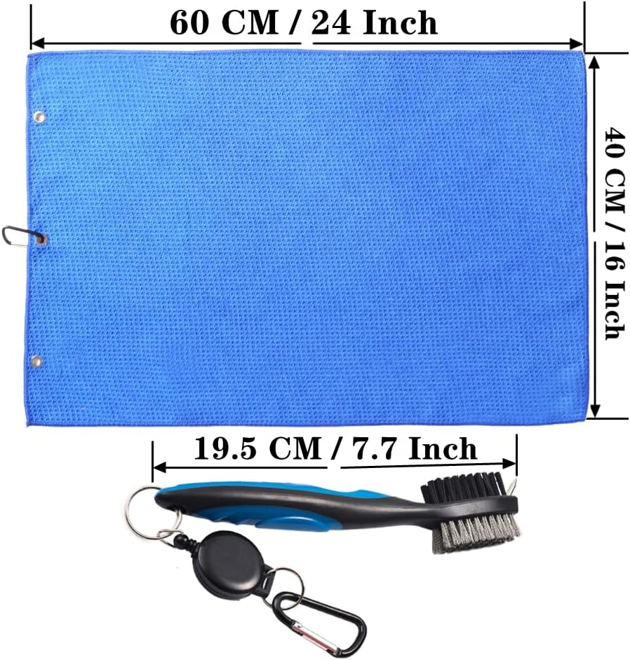 Golf Towels, Golf Towel and Brush Set, with Microfiber Waffle Design Golf Towel 16" X 24" with Hook and Loop Fastenerl and Retractable Zip-line Golf Club Brush (Blue)