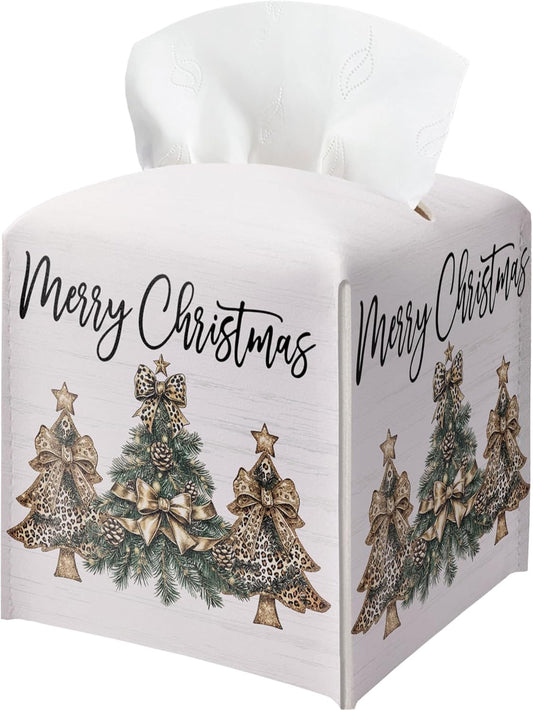Merry Christmas Tissue Box Holder, Leopard Print Christmas Tree Leather Tissue Box Cover Square, Paper Facial Decorative Tissues Cover for Night Stands Bathroom Kitchen Office Home Decor-B31