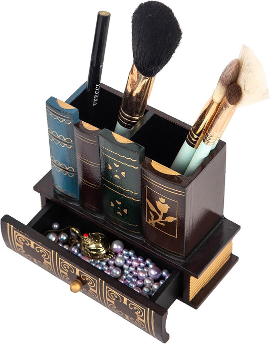 VERGOODR Decorative Pencil and Pen Holder with Storage Drawer, Wooden Desk Organizer Caddy, Antique Library Books Design Pen Cup for Office Supplies, Countertop, Desk,Table (Red)