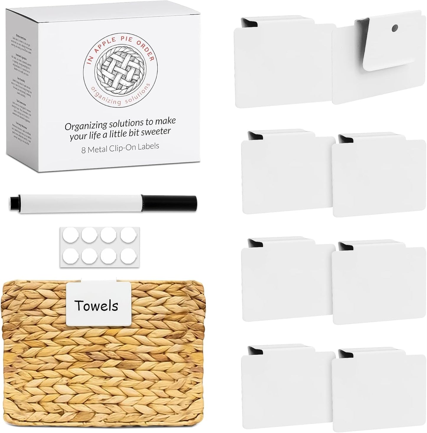 Labels for Storage Bins | Metal Storage Bin Clips (2.5” x 3.5”) - Set of 8 Basket Clip On Tags for Storage Bins w/Non-Slip Grip Pads & Dry Erase Marker - Removable Bin Labels for Storage Baskets