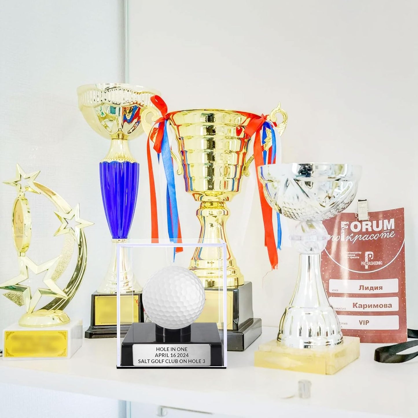 Custom Golf Ball Display Case Acrylic Golf Ball Holder Case Laser Engraved Plaque Showcase Your Cherished Golf Ball Memorabilia (Silver)