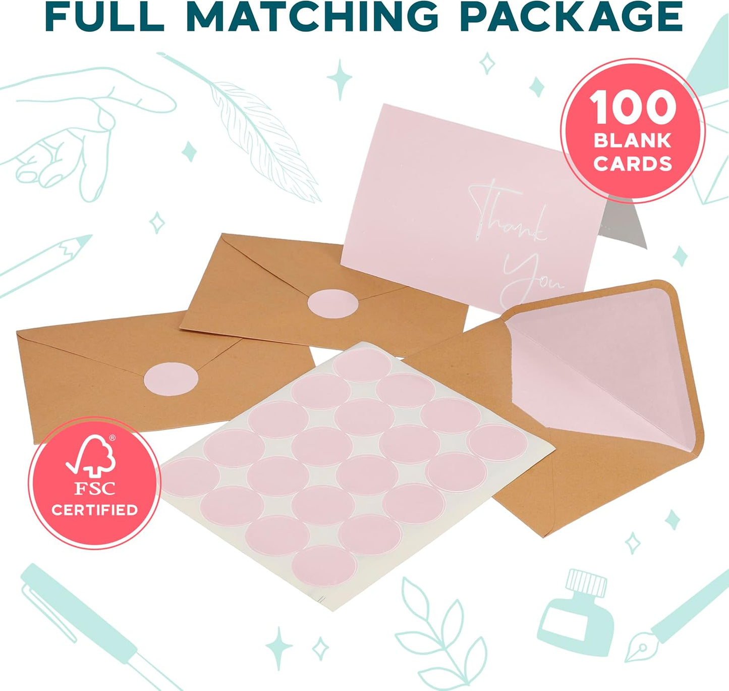 VNS Creations Thank You Cards With Envelopes Bulk Set & Stickers - 100 Pack 4x6 Blank Thank You Notes Bulk Box Set - Large Note Card Small Business, Wedding, Baby Shower & Bridal Shower - Pink