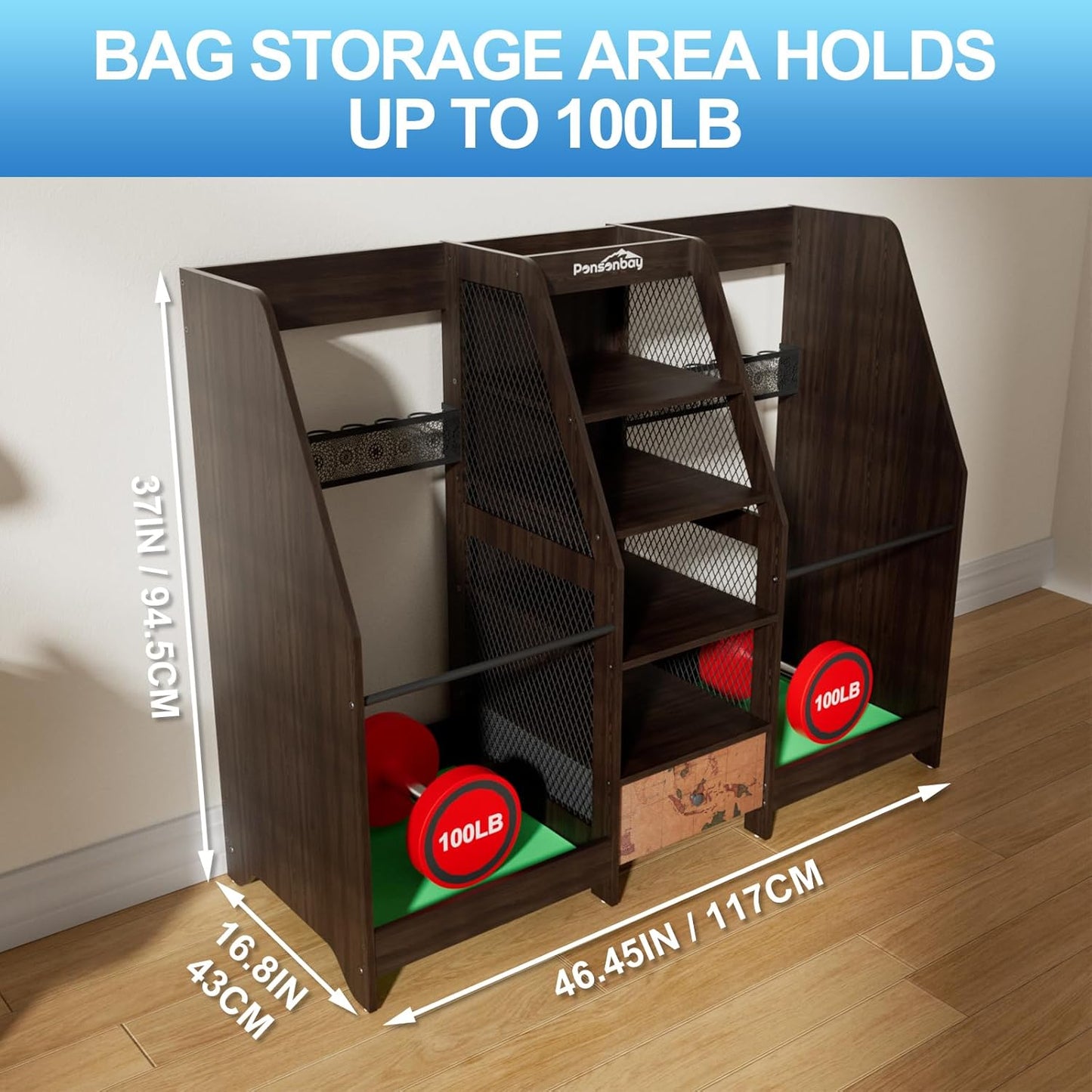 Golf Bag Storage Organizer for Garage, Premium Wooden 2 Golf Bags Rack with Drawer, Easy Assemble Golf Club Stand/Holder Suitable for Garage Home Simulator and Office