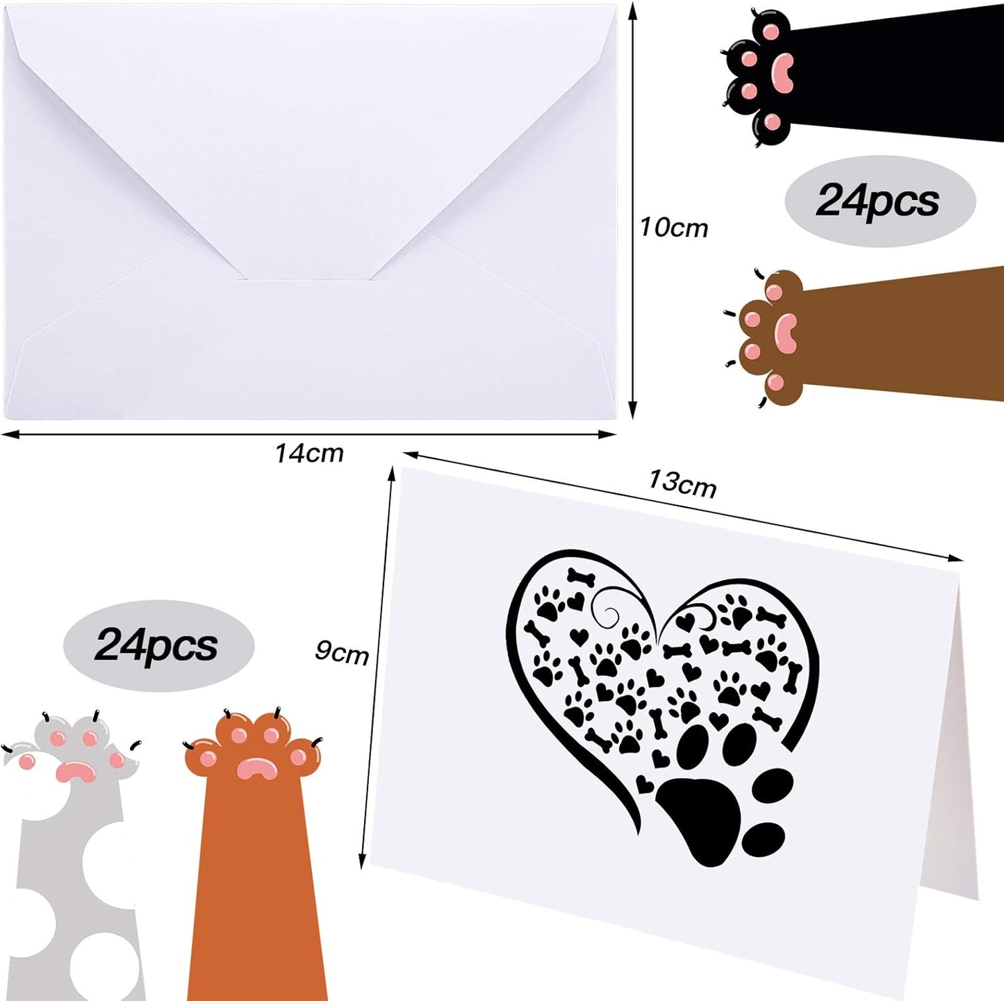 Zonon 48 Pcs Paw Printed Note Cards Set 24 Thank You Note Cards Heart Paw Print Blank Greeting with 24 White Envelopes Animal Lovers Pet Shop Birthday Party(Black and White)