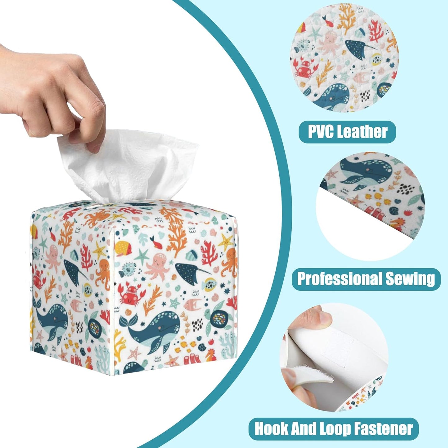 Cute Sea Life Tissue Box Cover,Whale Tissue Box Holder Square with Bottom Belt,Waterproof Leather Organizer Portable Decorative Facial Paper for Bedroom Dresser Night Stand Office,5.2" x 5.2" x 5.2"