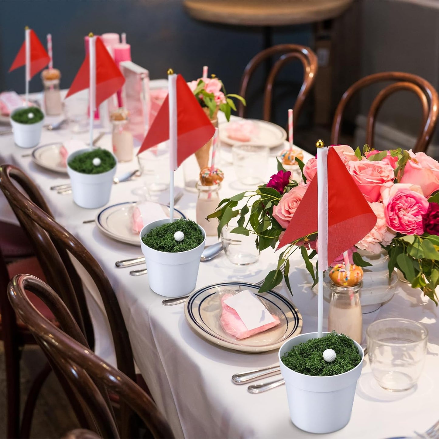 Mimorou 4 Sets Golf Table Centerpiece Decorations Party Supplies Include Mini Golf Ball Mini Flowerpot Artificial Moss Lawn Red Flag for Golfers Sport Themed Birthday DIY Party Decor